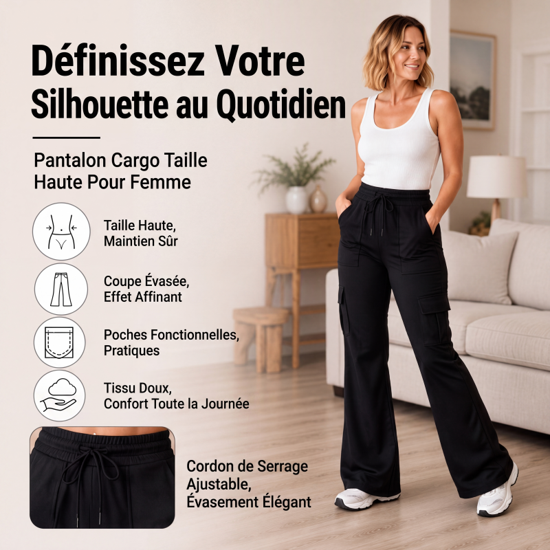 Pantalon cargo évasé à taille haute avec cordon de serrage pour femme