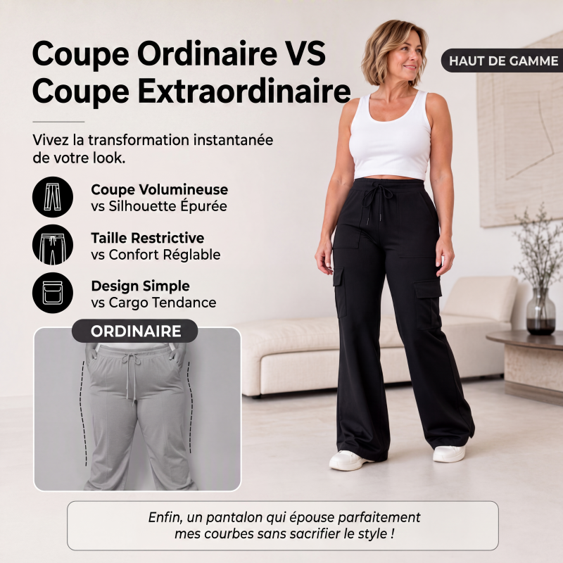 Pantalon cargo évasé à taille haute avec cordon de serrage pour femme