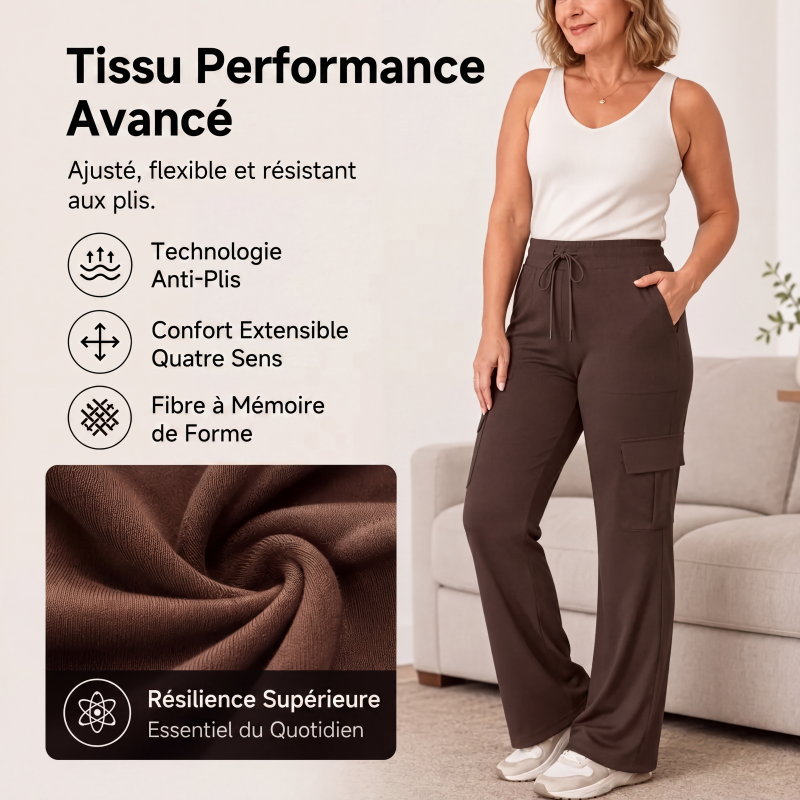 Pantalon cargo évasé à taille haute avec cordon de serrage pour femme