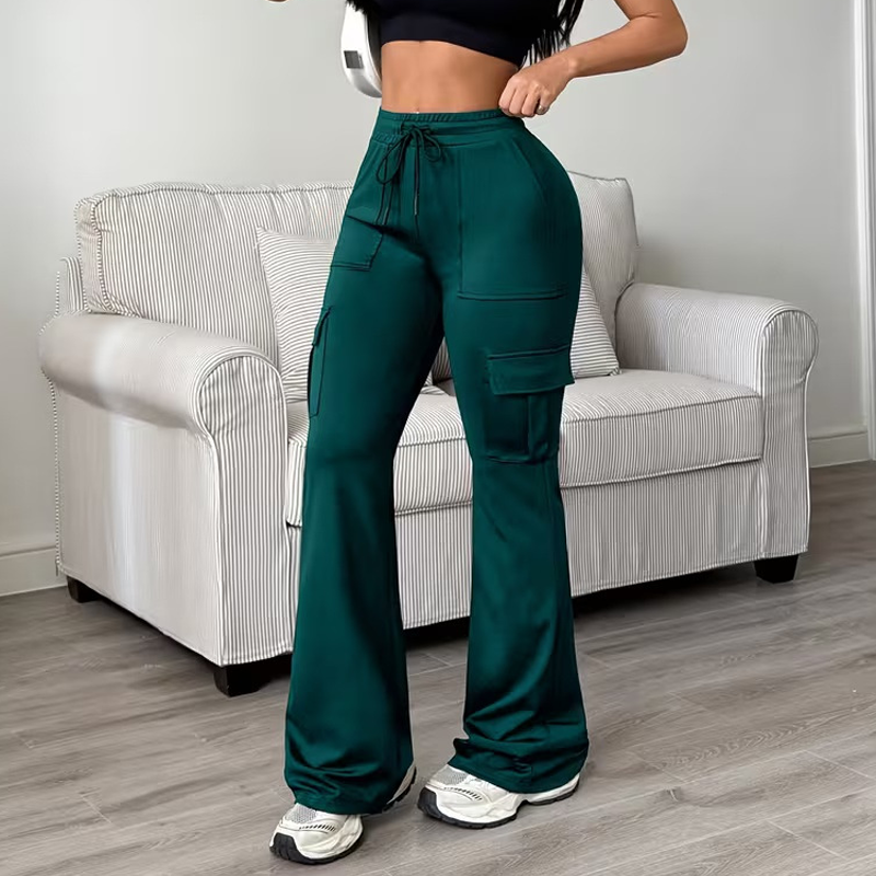 Pantalon cargo évasé à taille haute avec cordon de serrage pour femme