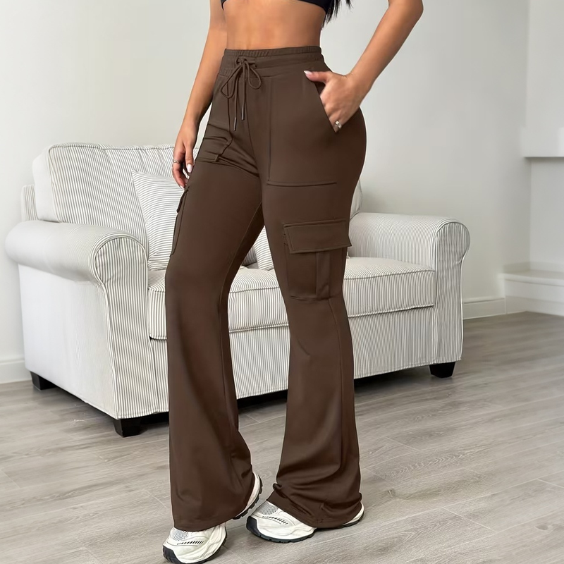 Pantalon cargo évasé à taille haute avec cordon de serrage pour femme