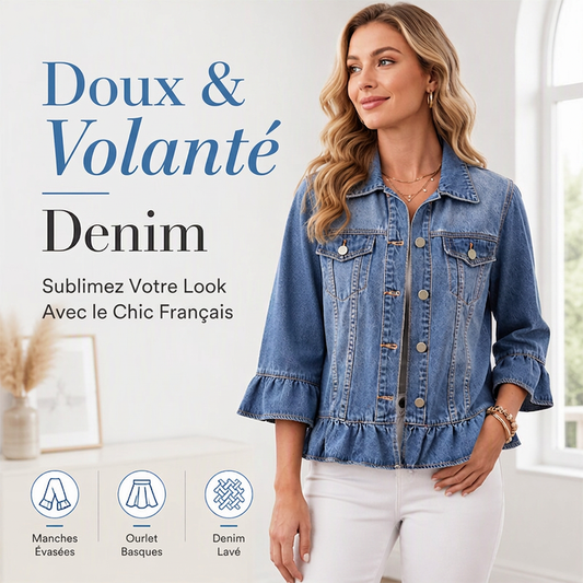Veste en jean courte pour femme avec ourlet à volants