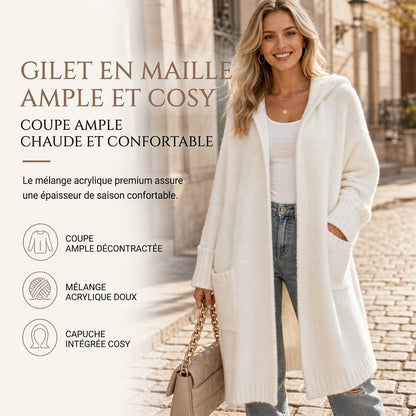 Cardigan long en maille à capuche pour femme