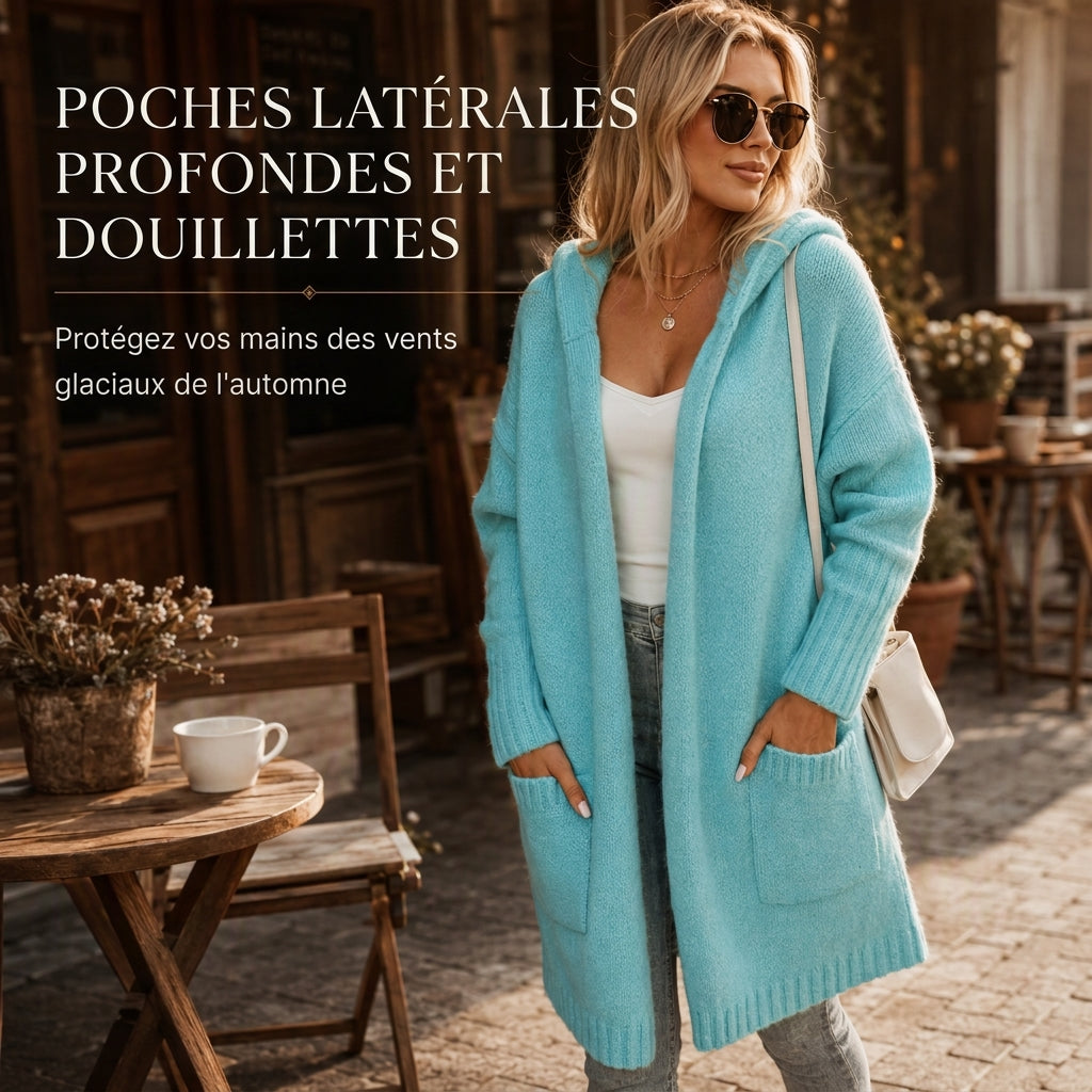 Cardigan long en maille à capuche pour femme