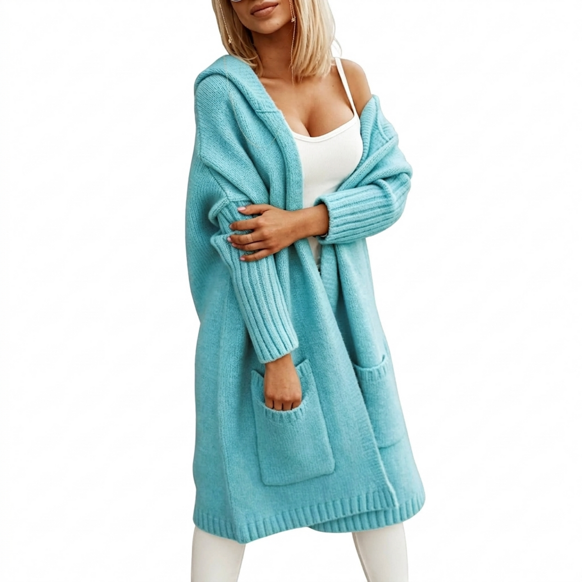 Cardigan long en maille à capuche pour femme
