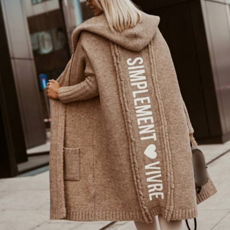Cardigan long en maille à capuche pour femme