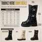 Bottines à talon bloc mi-haut à plateforme pour femmes, avec bout rond, coutures, revers repliable et bride à boucle