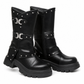Bottines à talon bloc mi-haut à plateforme pour femmes, avec bout rond, coutures, revers repliable et bride à boucle