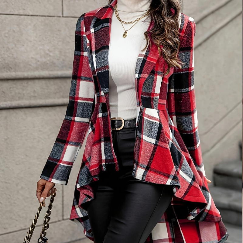 Manteau peplum à carreaux pour femme, coupe asymétrique haut-bas