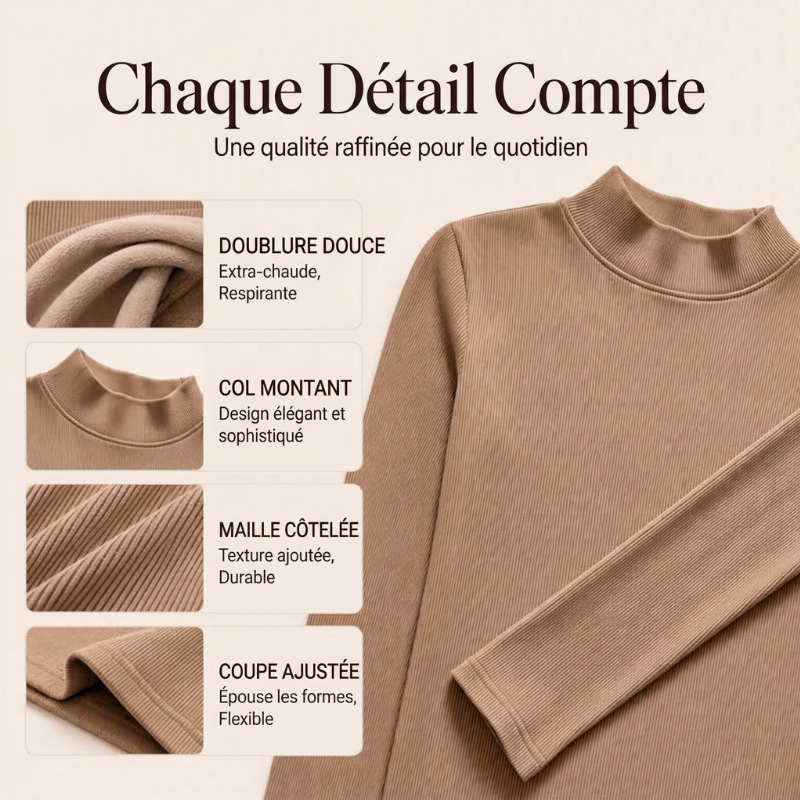 Haut ajusté à col montant doublé chaud pour femme