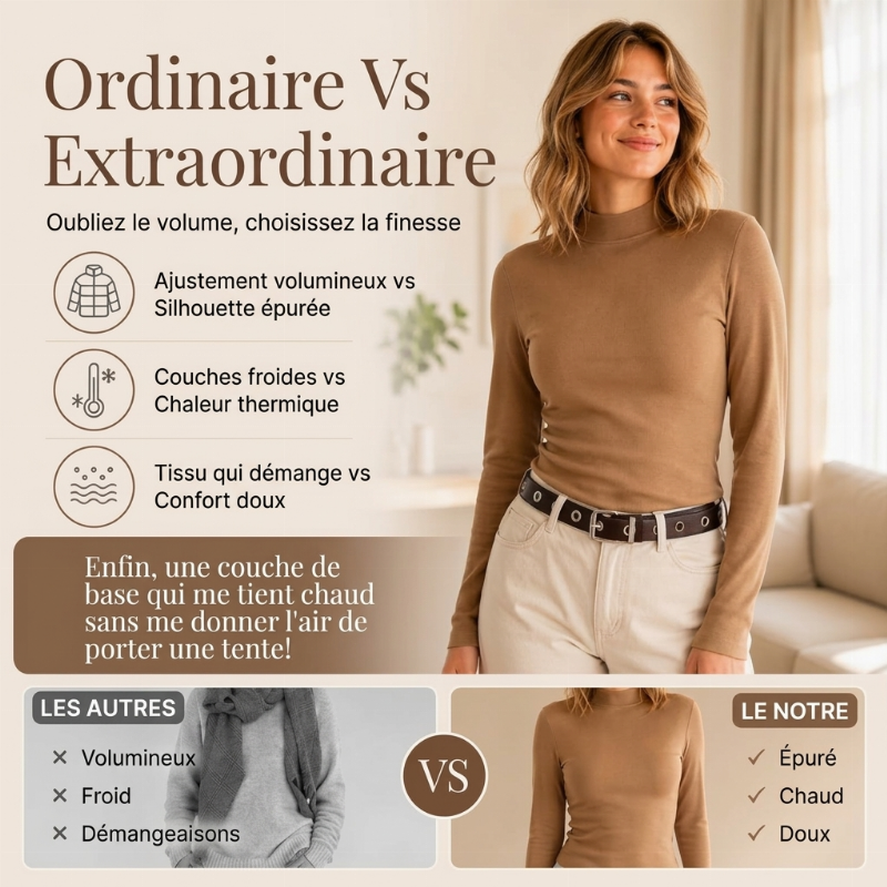 Haut ajusté à col montant doublé chaud pour femme
