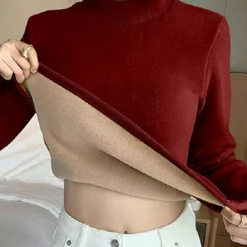Haut ajusté à col montant doublé chaud pour femme