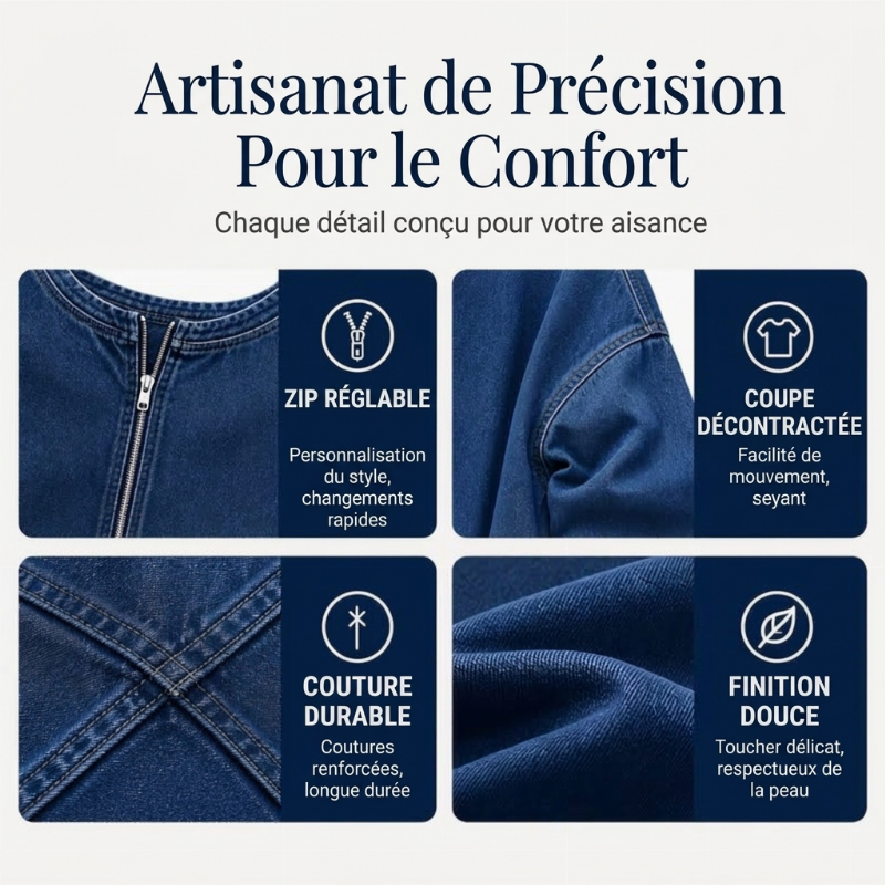 Pull en jean à manches longues et demi-zip pour femme