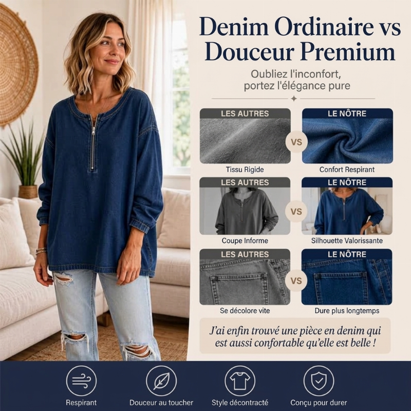 Pull en jean à manches longues et demi-zip pour femme