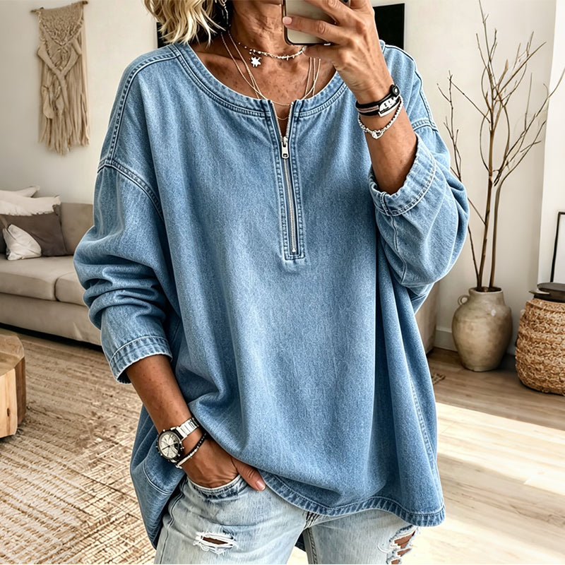 Pull en jean à manches longues et demi-zip pour femme