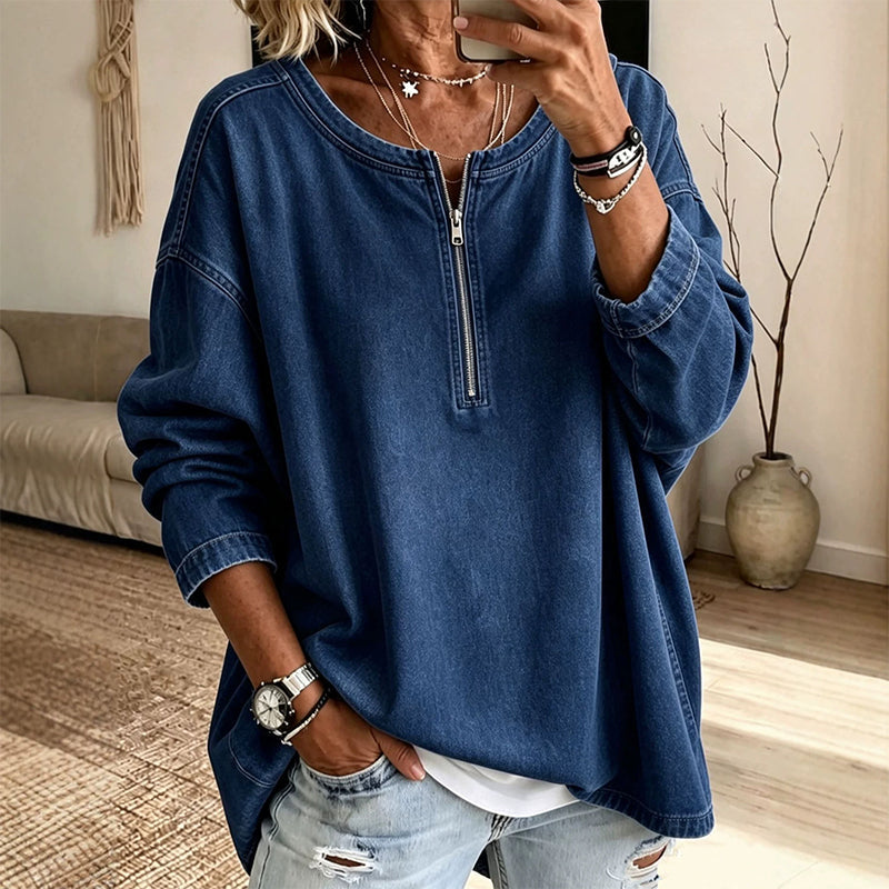Pull en jean à manches longues et demi-zip pour femme