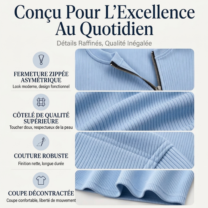 Haut en maille côtelée pour femme avec fermeture éclair asymétrique