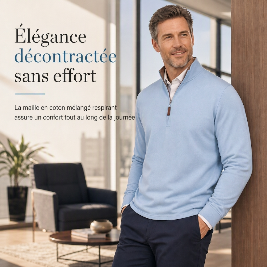 Pull à col montant quart de zip pour homme, sweatshirt à manches longues en mélange de coton
