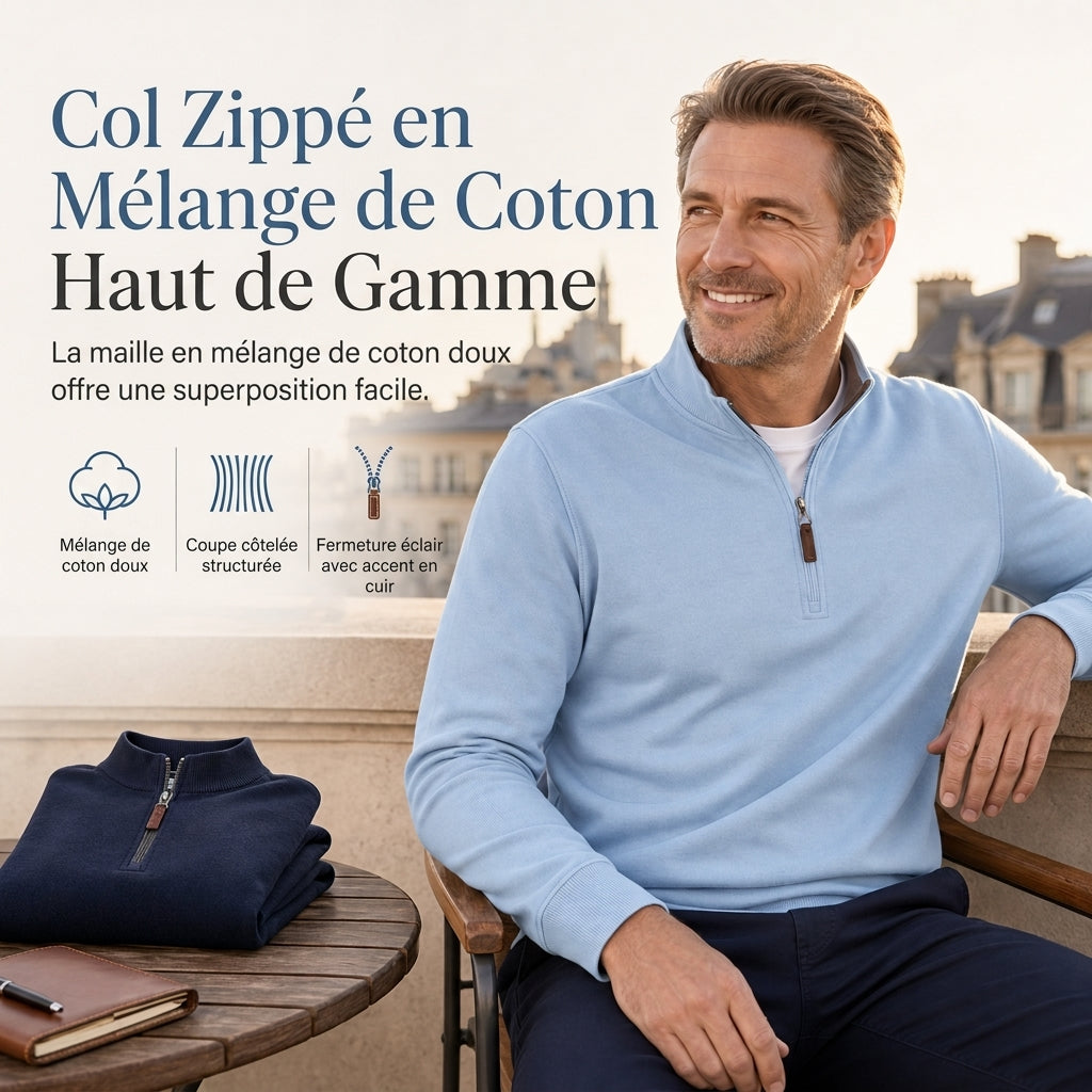 Pull à col montant quart de zip pour homme, sweatshirt à manches longues en mélange de coton