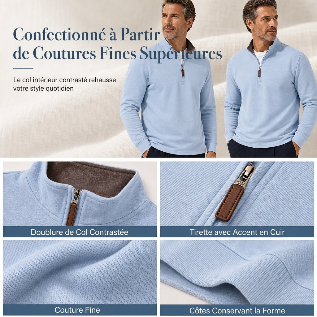 Pull à col montant quart de zip pour homme, sweatshirt à manches longues en mélange de coton