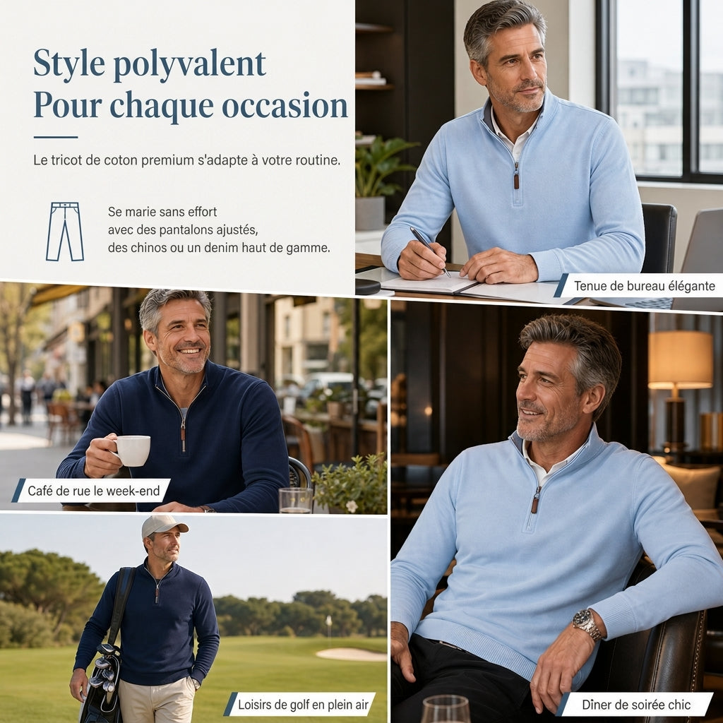 Pull à col montant quart de zip pour homme, sweatshirt à manches longues en mélange de coton