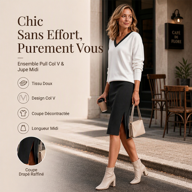 Ensemble pour femme : haut à manches longues et col V + jupe côtelée