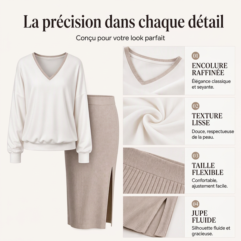 Ensemble pour femme : haut à manches longues et col V + jupe côtelée