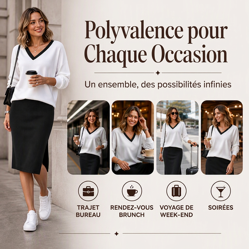 Ensemble pour femme : haut à manches longues et col V + jupe côtelée