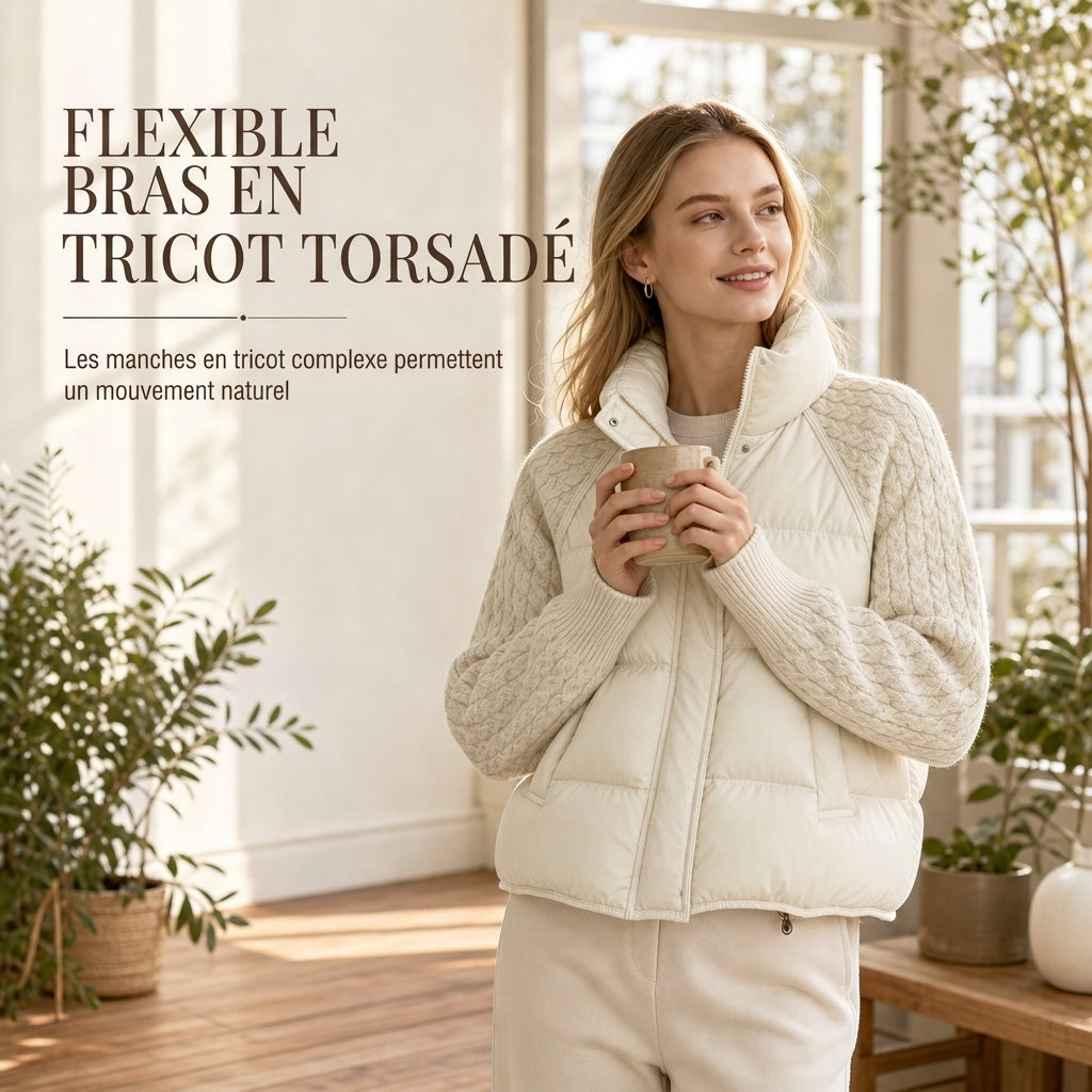 Manteau d'hiver court en coton matelassé chaud et épais pour femme, col montant, tricot torsadé, patchwork, manches longues