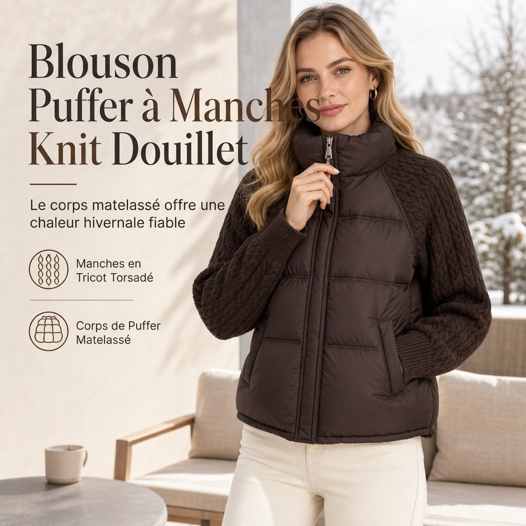 Manteau d'hiver court en coton matelassé chaud et épais pour femme, col montant, tricot torsadé, patchwork, manches longues