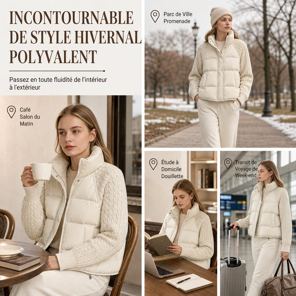 Manteau d'hiver court en coton matelassé chaud et épais pour femme, col montant, tricot torsadé, patchwork, manches longues