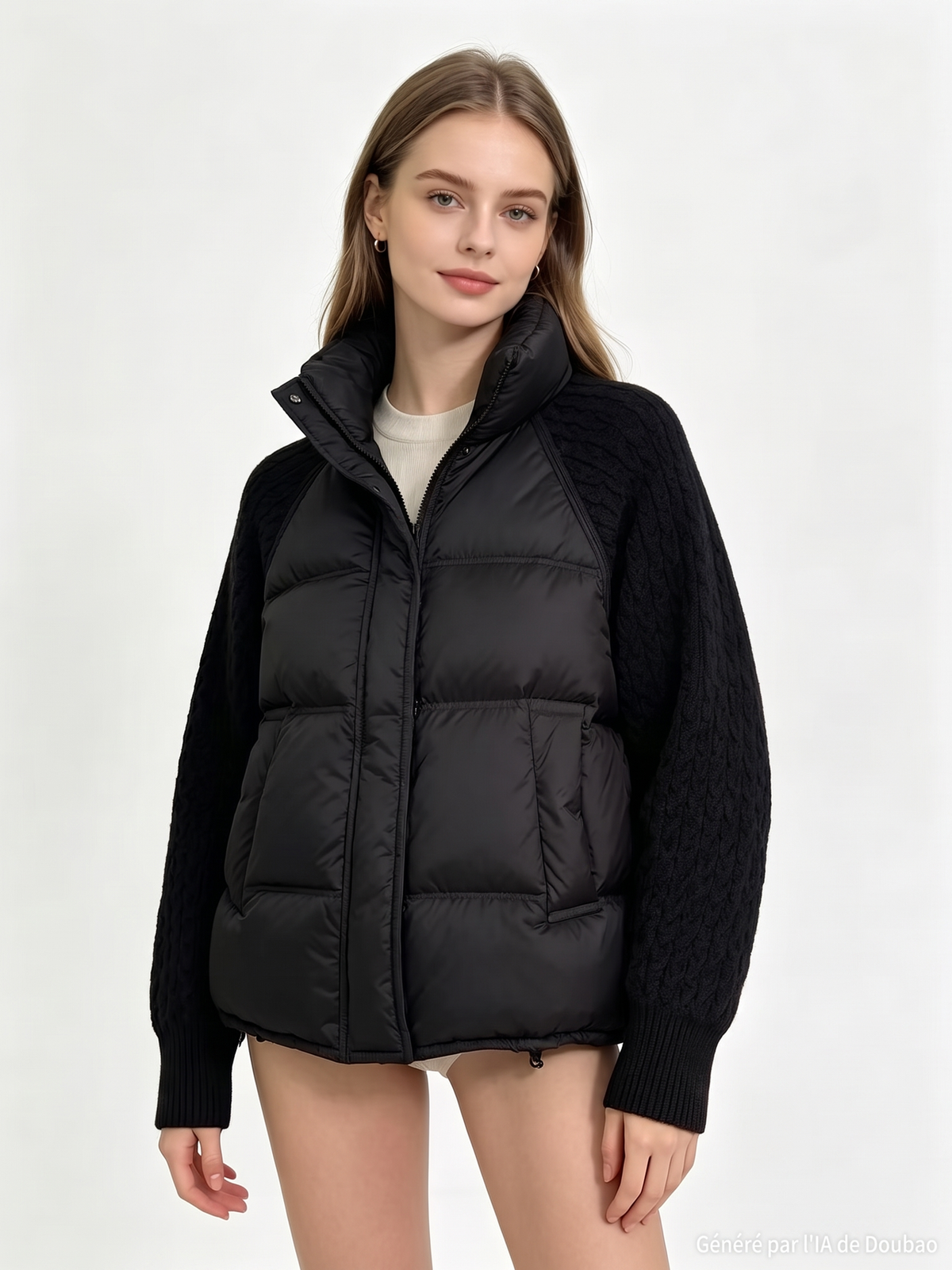 Manteau d'hiver court en coton matelassé chaud et épais pour femme, col montant, tricot torsadé, patchwork, manches longues