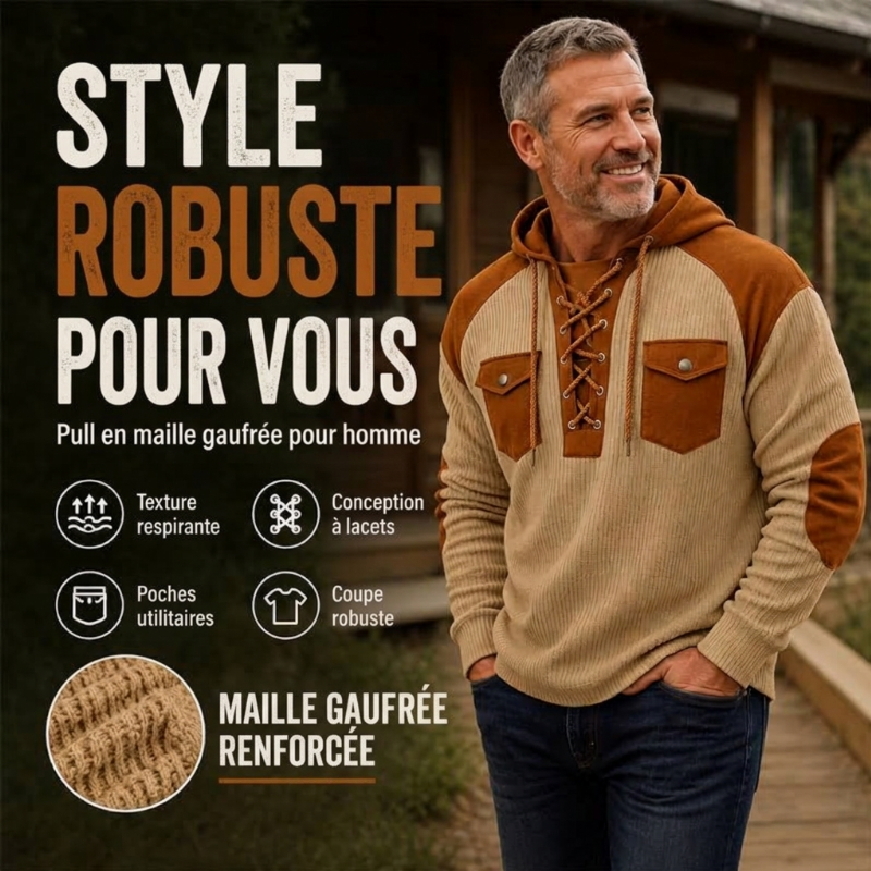 Hoodie décontracté à tricot nid d'abeille à lacets pour homme