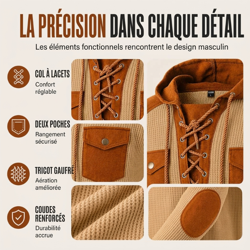 Hoodie décontracté à tricot nid d'abeille à lacets pour homme