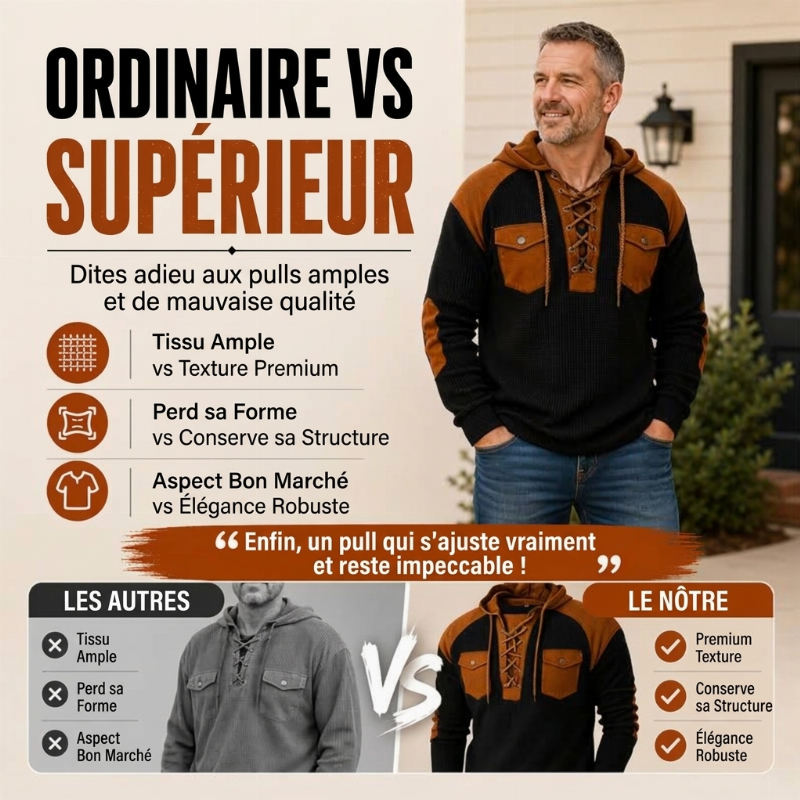 Hoodie décontracté à tricot nid d'abeille à lacets pour homme