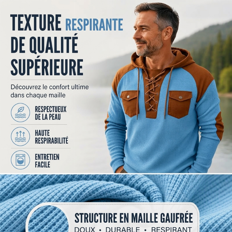 Hoodie décontracté à tricot nid d'abeille à lacets pour homme