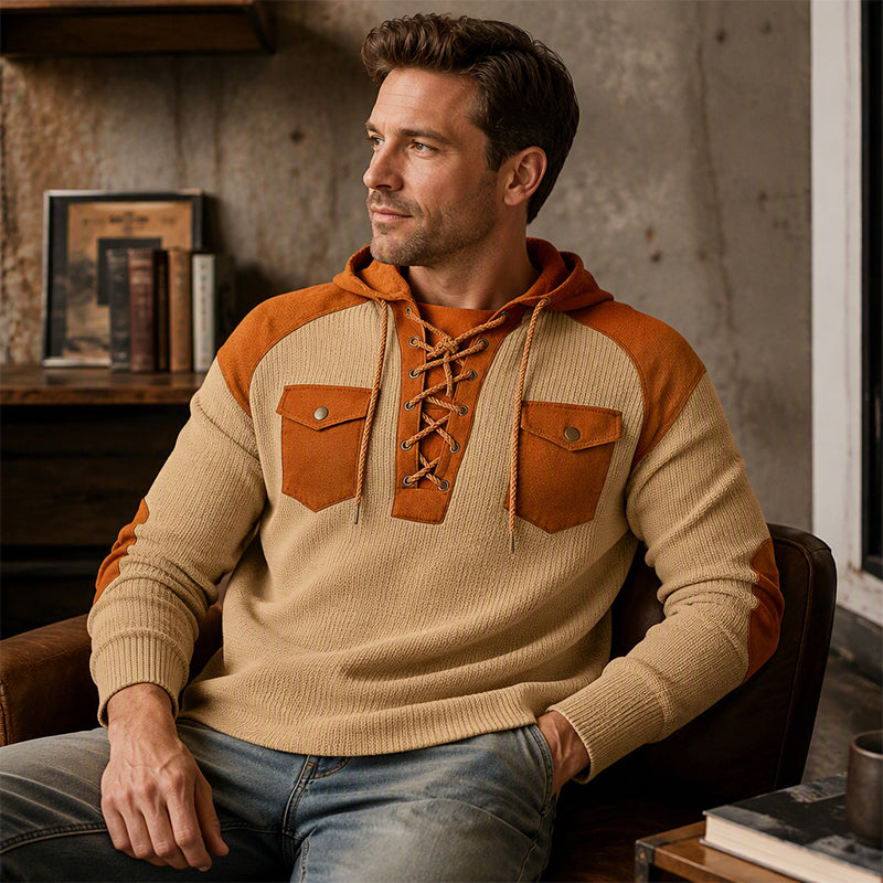 Hoodie décontracté à tricot nid d'abeille à lacets pour homme