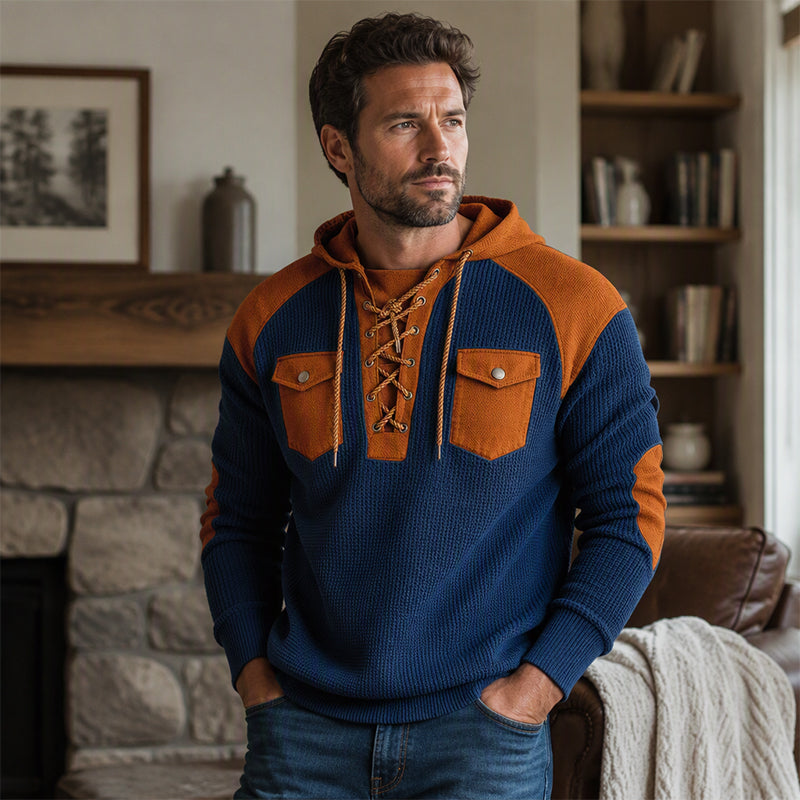 Hoodie décontracté à tricot nid d'abeille à lacets pour homme