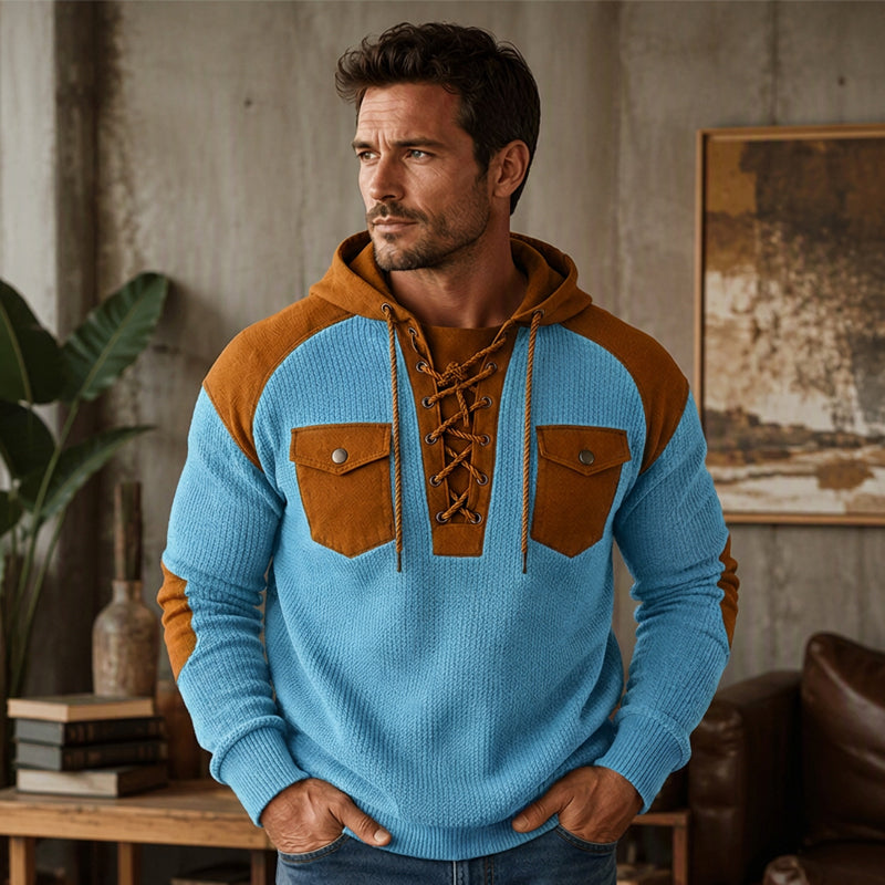 Hoodie décontracté à tricot nid d'abeille à lacets pour homme