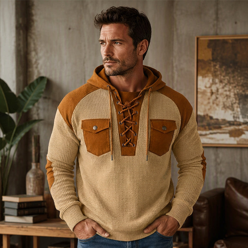 Hoodie décontracté à tricot nid d'abeille à lacets pour homme