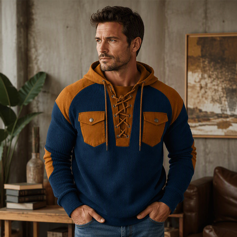 Hoodie décontracté à tricot nid d'abeille à lacets pour homme