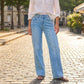 Jean femme coupe large avec coutures sur le devant