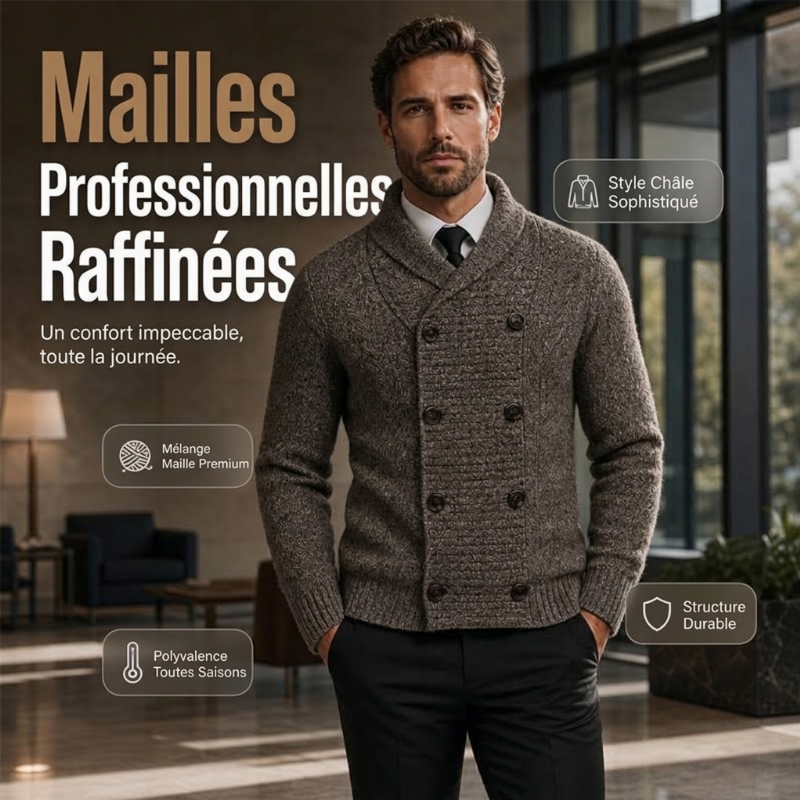 Cardigan en maille pour homme, col châle, double boutonnage