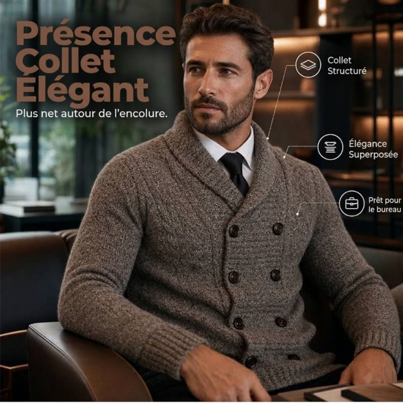 Cardigan en maille pour homme, col châle, double boutonnage