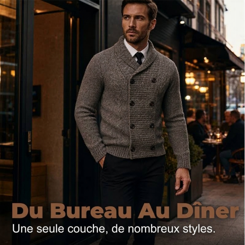 Cardigan en maille pour homme, col châle, double boutonnage