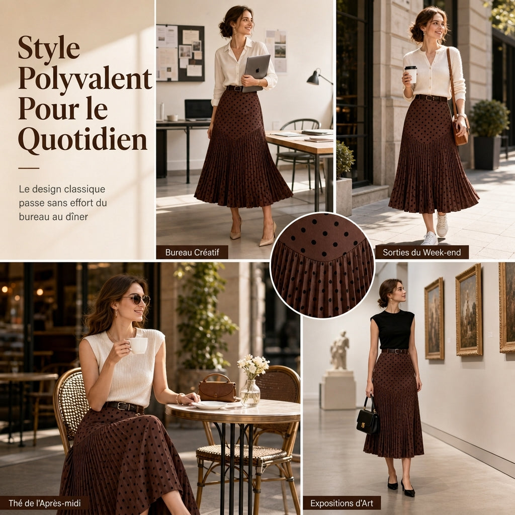 Jupe plissée à pois taille haute pour femme – Style rétro chic, confort et féminité