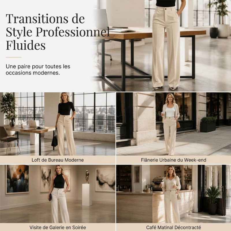 Pantalon large décontracté à taille haute pour femme, effet drapé