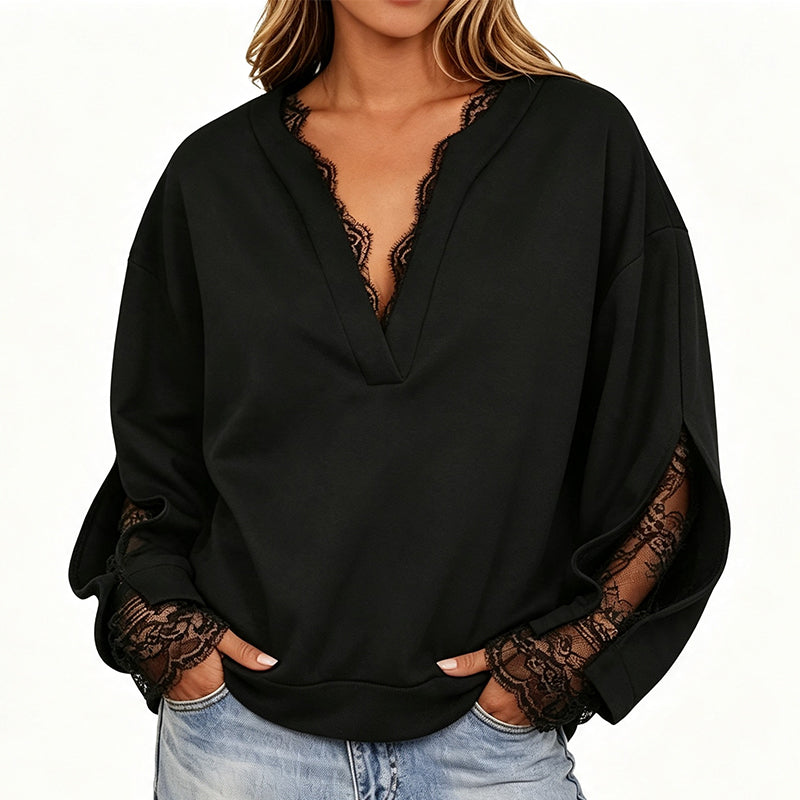 Top pour femme avec col en V et empiècement en dentelle