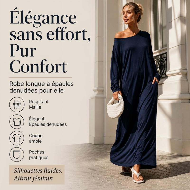 Robe maxi femme à manches longues et col bardot