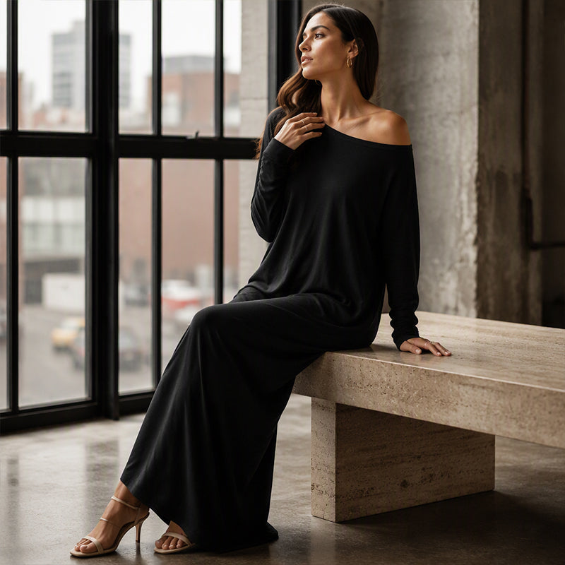 Robe maxi femme à manches longues et col bardot